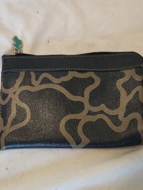 Tous Black Leather Trim and Taupe Patterned Wristlet